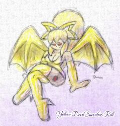  ameerashourdraws black_sclera blonde_hair breasts capcom cleavage corruption crossed_legs demon_girl english_text evil_smile eye_color_change fembot femsub floating high_heels latex levitation megaman_(series) possession red_eyes roll smile succubus text wings yellow_devil 