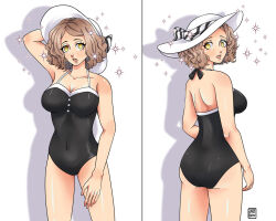  ass breasts brown_hair empty_eyes female_only femsub haru_okumura hat large_ass looking_at_viewer looking_back multiple_views navel one-piece_swimsuit persona_(series) persona_5 ring_eyes short_hair solo sweetlittleneko swimsuit 