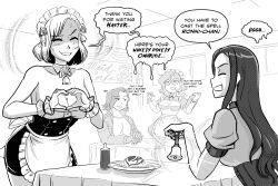 apron bare_shoulders bell bell_collar bow_tie chair character_request cleavage cleavage_cutout closed_eyes clothed confused corset cuffs dress earrings eyebrows_visible_through_hair femdom femsub food gem_(markylv) glasses gloves happy_trance heart_hands humor hypnotic_audio jacket large_breasts laughing leaning_forward maid maid_headdress majinsfw muji_(fsyco) multiple_girls multiple_subs original shirt sitting skirt smile sweat table text tight_clothing veronica_nightingale_(majinsfw)