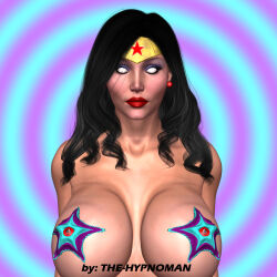 3d black_hair breasts cleavage collarbone dc_comics expressionless female_only femsub huge_breasts hypnoman long_hair looking_at_viewer parasite red_lipstick solo starro super_hero white_eyes wonder_woman 
