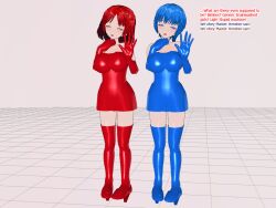 3d 3d_custom_girl blue_eyes blue_hair dress gloves henshin-san multiple_girls multiple_subs red_eyes red_hair short_hair simple_background text thigh_boots