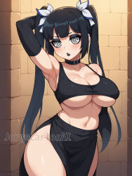  ai_art armpits arms_above_head black_hair blush cleavage collar female_only femsub glowing_eyes goth gothification hestia huge_breasts is_it_wrong_to_try_to_pick_up_girls_in_a_dungeon? jorgecarlosai large_hips lipstick long_hair looking_at_viewer manip misterman4_(manipper) opera_gloves skirt spiral_eyes tagme twintails watermark 