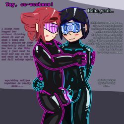  aware black_hair blush bodysuit bulge closed_eyes cuddling drill_hair drone eyebrows_visible_through_hair glowing grey_eyes hug iris_azure latex long_hair null_bulge original red_hair self_hypnosis short_hair smile spiral tech_control teto_kasane text tight_clothing trance_delightful transfem transgender_identity utau visor vocaloid wholesome yuri 