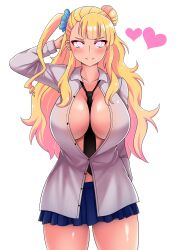 absurdres blonde_hair blue_skirt blush breasts cleavage female_only femsub galko glowing glowing_eyes happy_trance heart heart_eyes icontrol_(manipper) large_breasts long_hair looking_at_viewer manip open_clothes open_shirt please_tell_me!_galko-chan skirt smile solo symbol_in_eyes the_only_shoe tie white_background