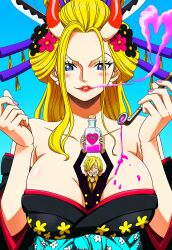 ai_art beard black_maria_(one_piece) blonde_hair blue_eyes blush bottle cigarette cleavage earrings english_text femsub flower flower_in_hair geisha giantess hair_ornament heart_eyes hellsing002_(generator) horns huge_breasts kimono lipstick long_hair love love_potion maledom nail_polish one_piece sanji smile smoke smoking suit sword tie
