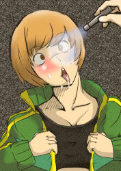 blush brown_hair chie_satonaka crossed_eyes drool empty_eyes female_only femsub hypnotic_light open_mouth pen_light persona_(series) persona_4 shimoda short_hair shrunken_irises tongue tongue_out undressing