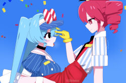 absurdres black_eyes blue_hair bow breath choker clothed drill_hair empty_eyes female_only femdom femsub gloves gradient_background hat hypnotic_fingers kronobas28 mesmerizer_(vocaloid) miku_hatsune open_mouth red_eyes red_hair shirt short_hair simple_background sitting smile suspenders teto_kasane tongue twintails uniform very_long_hair vocaloid yuri