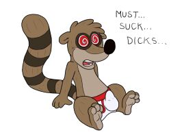 blueballs bulge erection erection_under_clothes furry male_only malesub penis regular_show rigby solo spiral_eyes symbol_in_eyes text topless underwear white_background