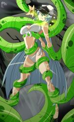  absurdres akame_ga_kill! bikini blue_eyes blue_hair blush breasts cleavage coils dazed esdeath female_only femsub great-dude hat hypnotic_gas hypnotic_plant large_breasts long_hair one_eye_open original plant resisting slime spread_legs swimsuit tentacles very_long_hair 