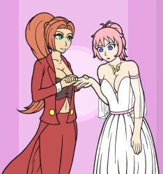 blue_eyes crystal_(zko) emerald_lazers expressionless femsub green_eyes mrs._erickson_(zko) original pink_hair ponytail red_hair simple_background wedding_dress wedding_ring