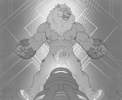 bare_legs bondage bottomless electricity erection flexing forge furry genital_torture greyscale happy_trance lion_boy male_only malesub monochrome muscle_boy nude penis solo tech_control topless