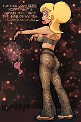  ass blonde_hair breasts femsub fishnets heart_eyes horiizyn hypnotic_drink love_potion open_mouth original sandals see-through symbol_in_eyes text thong tongue_out unaware 