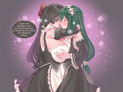  alternate_costume alternate_hairstyle aura black_hair blush breast_press breasts clothed costume crusch_karsten dialogue english_text female_only feminization femsub genderswap green_hair groping hair_covering_one_eye hair_growth hair_ribbon huge_breasts kissing long_hair maid maid_headdress missmilkou natsuki_subaru netorare re:zero_starting_life_in_another_world sideboob speech_bubble spiral spiral_eyes sub_on_sub symbol text transfem transgender_identity very_long_hair yuri 