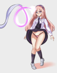 blush bow_tie character_request crossed_legs dress_shirt drool earrings electricity female_only femsub hair_band hypnotic_tentacle legs legs_up long_hair malamar mega_malamar nintendo open_mouth panties platinum_blonde_hair pokemon pokemon_(creature) pokemon_legends_z-a pokemon_x_and_y red_eyes shoes simple_background skirt skirt_lift smeef socks solo spiralwash_eyes standing t-shirt white_background wide_hips