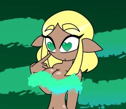 bimbofication blonde_hair confused convenient_censoring dark_skin eyebrows_visible_through_hair eyelashes femsub green_background green_eyes heart_eyes hypnoscream large_breasts navel nintendo nude princess_zelda shiny_hair shiny_skin short_hair simple_background solo tears_of_the_kingdom the_legend_of_zelda