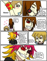 alexis_rhodes black_sclera blonde_hair blush brown_eyes brown_hair cell_phone comic doudile empty_eyes evil_smile femdom femsub long_hair multicolored_hair open_mouth pink_hair sketch smile spanish text translation_request yu-gi-oh! yu-gi-oh!_gx