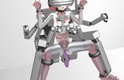 3d bodysuit breast_sucking breasts corruption crotch_tattoo jewelry milking milking_machine mmd open_mouth personification pink_hair restrained rubber ryona.rar short_hair simple_background sitting spread_legs tech_control ultraman visor 