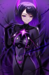  aura bodysuit breasts character_request crotch_tattoo empty_eyes evil_smile female_only femsub gloves hyper_hetappi jewelry looking_at_viewer purple_background purple_eyes purple_hair short_hair solo tight_clothing 