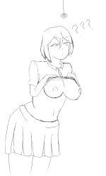 absurdres breasts confused femsub greyscale large_breasts monochrome nahat original pendulum shirt_lift sketch