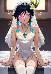  absurdres ai_art bare_shoulders bra bulge choker cross earrings esccc_(generator) femboy flower flower_in_hair genshin_impact jewelry leotard looking_at_viewer male_only malesub multicolored_hair music necklace open_mouth pantyhose pink_eyes preview ring_eyes sitting solo spiral_eyes twin_braids underwear veil venti_(genshin_impact) wedding_dress 