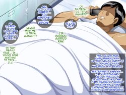 after_war_gundam_x aware bed bedroom black_hair dialogue english_text garrod_ran gundam_(series) hard_translated lying male_only no_eyes phone text translated youkai_tamanokoshi