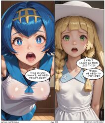  ai_art blonde_hair blue_eyes blue_hair devianbar dialogue green_eyes lana_(pokemon) lillie_(pokemon) long_hair nintendo pokemon short_hair text 