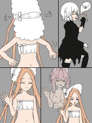 abigail_williams ass bare_shoulders bb_(fate/extra_ccc) breasts cloak closed_eyes comic fate/extra_ccc fate/grand_order fate_(series) femsub fingerless_gloves from_behind gloves grey_background hat jack_the_ripper_(fate/apocrypha) justlooking727 koyanskaya maledom midriff navel possession ritsuka_fujimaru_(male) short_hair simple_background story tattoo thighhighs thighs white_hair