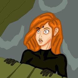  clothed collarbone disney expressionless eyebrows_visible_through_hair female_only femsub gloves green_eyes kim_possible kim_possible_(series) long_hair microchip mspainter open_mouth red_hair shrunken_irises simple_background solo tech_control 