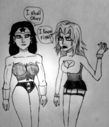 black_hair breasts dc_comics doudile empty_eyes expressionless femdom femsub large_breasts lipstick long_hair standing super_hero text traditional vampire wonder_woman