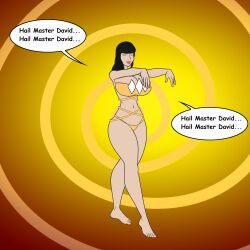 bare_legs bare_shoulders barefoot black_hair empty_eyes femsub katsiika large_breasts lingerie long_hair maledom mighty_morphin_power_rangers open_mouth panties power_rangers red_lipstick spiral_background thick_thighs trini_kwan underwear zombie_walk