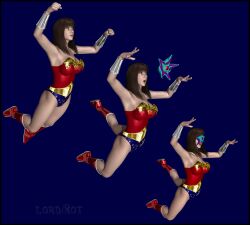 bare_shoulders before_and_after belt blue_background blue_eyes boots bracers breasts brown_hair cleavage corruption cosplay dc_comics female_only femsub headband leotard lordsnot open_mouth original sequence simple_background solo starro super_hero watermark wonder_woman