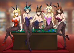  aya_kobayashi blonde_hair blue_eyes breasts bunny_ears bunnysuit character_request cleavage cuffs excellen_browning female_only femsub green_hair happy_trance high_heels kisaragi_chitose large_breasts long_hair marguerite_pistail multiple_girls ponytail setsuko_ohara shinzu short_hair smile super_robot_wars thighhighs 