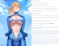  animated animated_eyes_only animated_gif bikini blonde_hair bodysuit breasts caption cleavage clothed_exposure exhibitionism femsub happy_trance huge_breasts humiliation koshiosaur large_breasts latex looking_at_viewer maledom manip metroid_(series) mole navel nintendo orgasm_command ponytail samus_aran spiral_eyes swimsuit symbol_in_eyes text themodrenman_(manipper) trigger zero_suit 