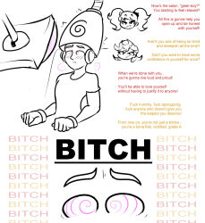 blush corruption dangan_ronpa dazed dialogue femdom feminization headphones hypnotic_audio hypnotic_screen junko_enoshima malesub multiple_doms multiple_girls panty panty_and_stocking_with_garterbelt restrained roguesmut sitting spiral spiral_eyes spiralwash_eyes symbol_in_eyes tech_control text transgender