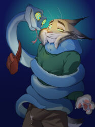 absurdres bulge coils cum cum_in_clothing dazed drool gary_(zootopia_2) hypnotic_eyes kaa_eyes lynx_boy male_only maledom malesub pawbert_lynxley snake_boy sssshark_1 tongue_out zootopia