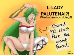  brain_drain breasts cave_girl devolution dialogue female_only femsub gladiator_sandals goddess green_hair happy_trance kid_icarus large_breasts long_hair monkey_pose nintendo palutena squatting syas-nomis text 