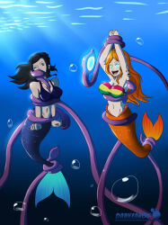 arms_above_head black_hair bondage breasts female_only femsub fish_girl glowing glowing_eyes happy_trance hypnotic_tentacle large_breasts long_hair mermaid multiple_girls nami_(one_piece) navel nico_robin one_piece open_mouth orange_hair resisting smile tattoo tentacles underwater