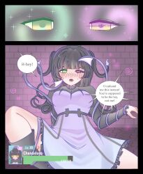 black_hair chandelure comic dialogue dress empty_eyes english_text femsub gameplay_mechanics glowing goth green_eyes health_bar lipstick malamar missmilkou multicolored_eyes nintendo original personification pink_eyes pokemon sitting text
