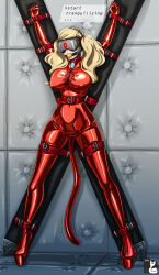  ann_takamaki ball_gag blonde_hair breasts dronification drool female_only femsub latex persona_(series) persona_5 restrained rosvo saint_andrew&#039;s_cross solo tail visor 