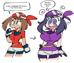  before_and_after breast_expansion breasts brown_hair corruption dialogue drool female_only femsub hex_maniac hexification instant_loss large_breasts may nintendo pokemon pokemon_ruby_sapphire_and_emerald pokemon_x_and_y purple_hair spiral_eyes stealth-brock symbol_in_eyes text transformation 