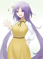  before_and_after benben_tsukumo breasts clothed dress eroborne female_only femsub flower_in_hair purple_eyes purple_hair signature smile touhou very_long_hair 