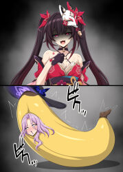  banana black_hair blush choker daikyo96 eye_roll femdom femsub hat honkai_star_rail jade_(honkai_star_rail) lipstick mask open_mouth purple_hair red_eyes sparkle_(honkai_star_rail) transformation twintails witch_hat 