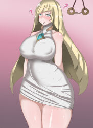  bare_shoulders blonde_hair blue_eyes breasts dress erect_nipples expressionless female_only femsub huge_breasts long_hair lusamine milf nintendo pendulum pokemon pokemon_sun_and_moon ratetaso3 solo spiral_eyes standing symbol_in_eyes thick_thighs 