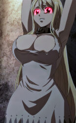 absurdres blonde_hair bondage breasts chains cleavage dress fairy_tail female_only glowing glowing_eyes large_breasts long_hair lucy_heartfilia red_eyes screenshot solo unhappy_trance