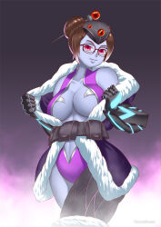 breasts cleavage corruption cosplay glasses hadant large_breasts looking_at_viewer mei_(overwatch) multicolored_hair open_mouth overwatch purple_skin red_eyes short_hair signature simple_background solo watermark