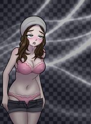 blush bra breasts brown_hair cleavage drool empty_eyes female_only femsub hat httpwwwcom large_breasts long_hair navel open_mouth original panties solo standing underwear undressing