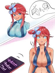  absurdres before_and_after bikini blue_eyes bodysuit cleavage clothed_exposure doll earrings empty_eyes english_text environmental_text expressionless femsub flower flower_in_hair glowing_eyes hair_ornament hypnotic_accessory hypnotic_app jewelry kelkcan large_breasts midriff nintendo open_mouth phone pokemon red_hair signature simple_background skyla_(pokemon) sling_bikini smile standing swimsuit tech_control text tight_clothing user_interface white_background 
