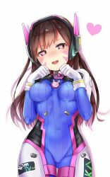 blush bodysuit brown_eyes brown_hair byoc12 d.va female_only femsub happy_trance heart heart_eyes long_hair overwatch symbol_in_eyes