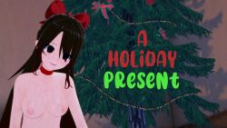 black_eyes black_hair breasts choker christmas christmas_tree cover covered_with_cum cum cum_on_body empty_eyes english_text female_only femsub hypnowoof long_hair nipples nude original smile solo text