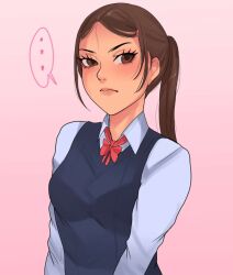  bimbofication breasts brown_eyes brown_hair clothed dialogue female_only ponytail scabslut school_uniform speech_bubble 